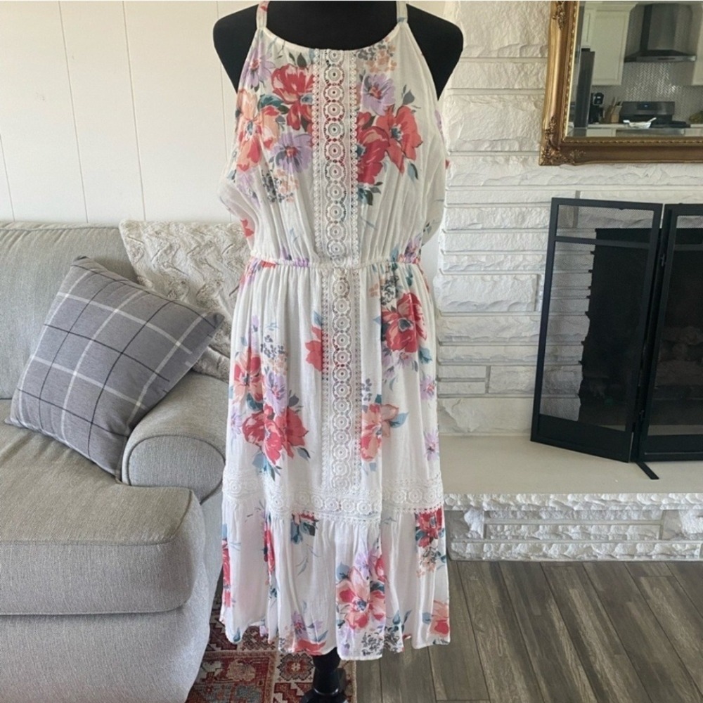 Indigo Rose White Floral Crochet Lace Trim Tiered Midi Dress Medium